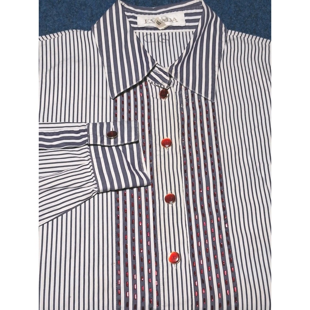 ESCADA Designer Striped Button Down Shirt 36 Blue White Iconic Button *READ*
